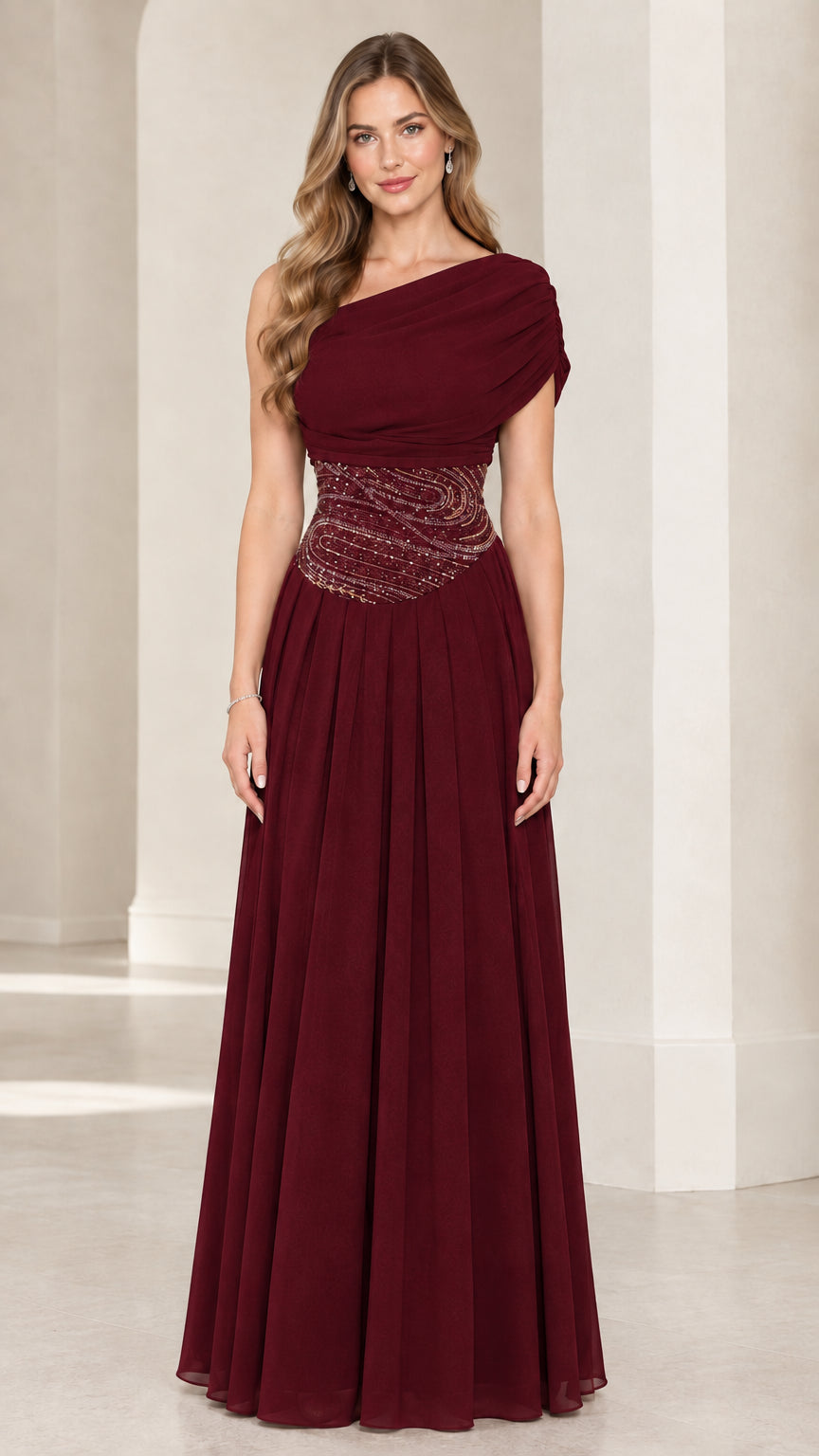 Front view of burgundy red one-shoulder beaded waist chiffon gown