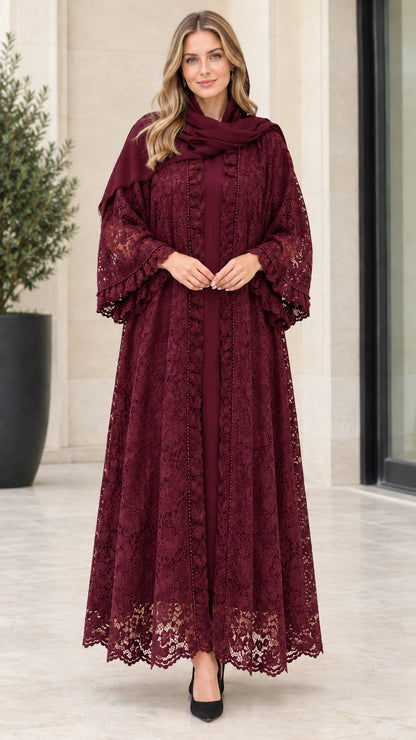 Full-length front view of burgundy wine red floral lace abaya dress