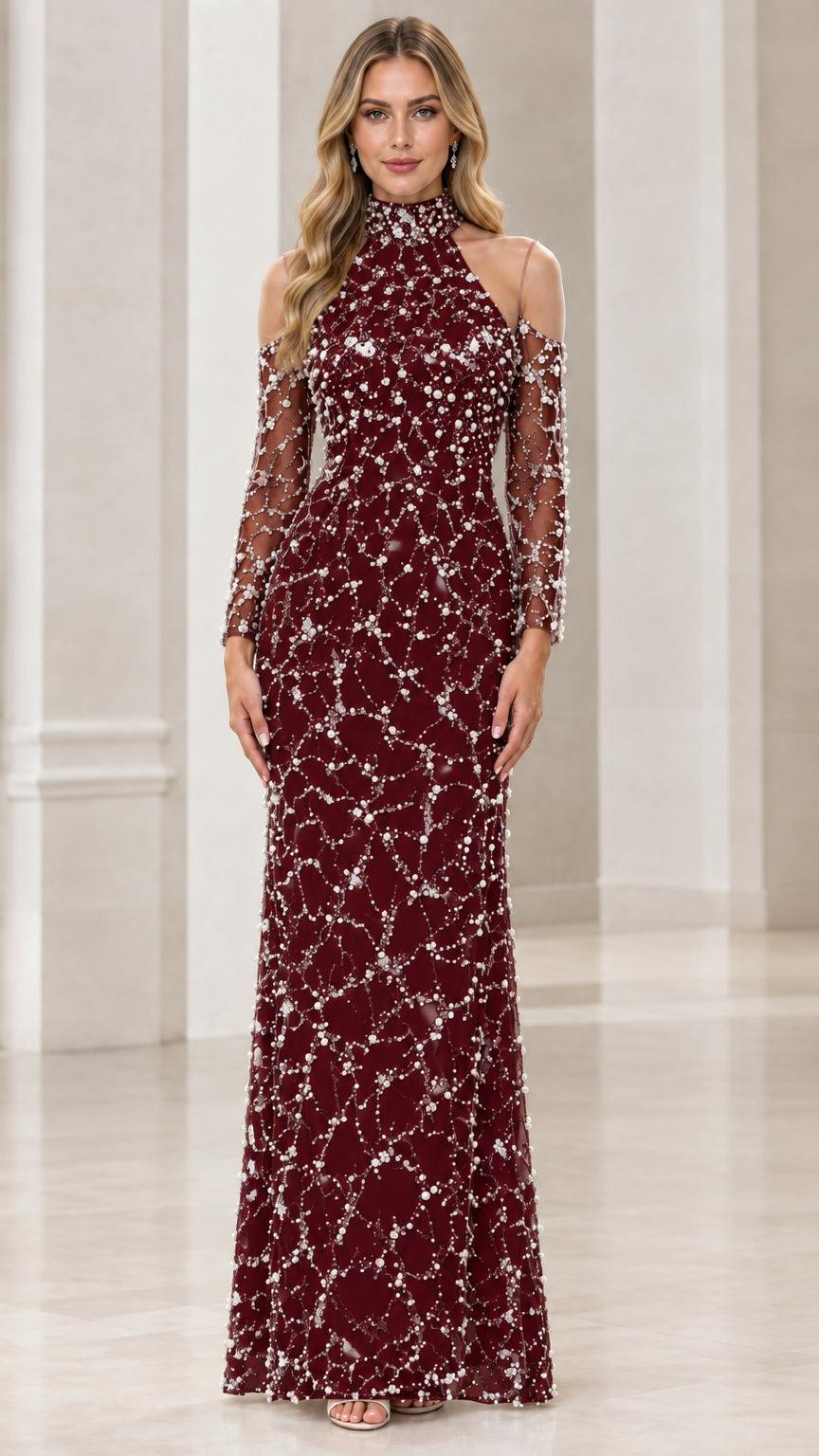 Burgundy beaded cold-shoulder evening gown