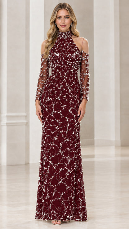 Burgundy beaded cold-shoulder evening gown