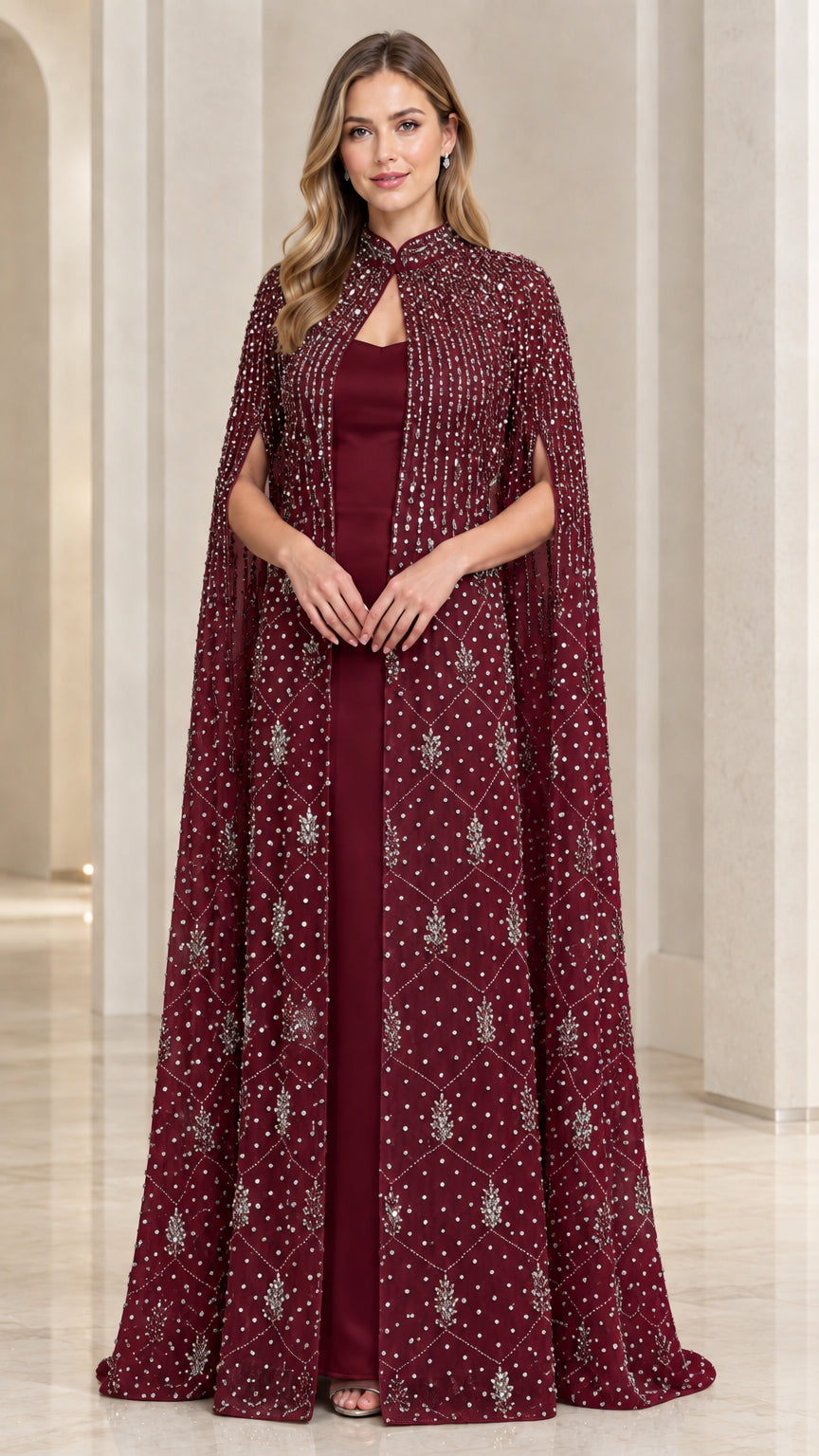 Burgundy wine formal evening gown with beaded cape