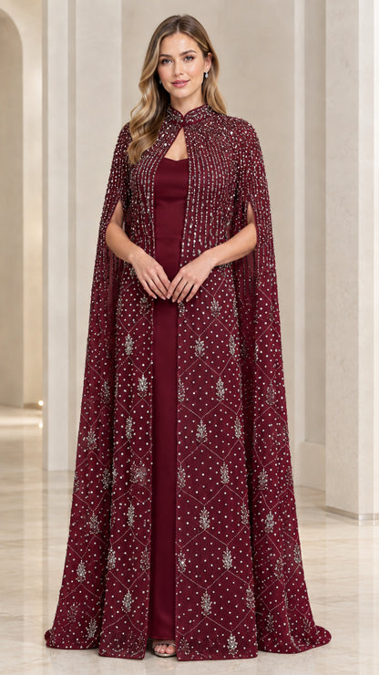 Burgundy wine formal evening gown with beaded cape