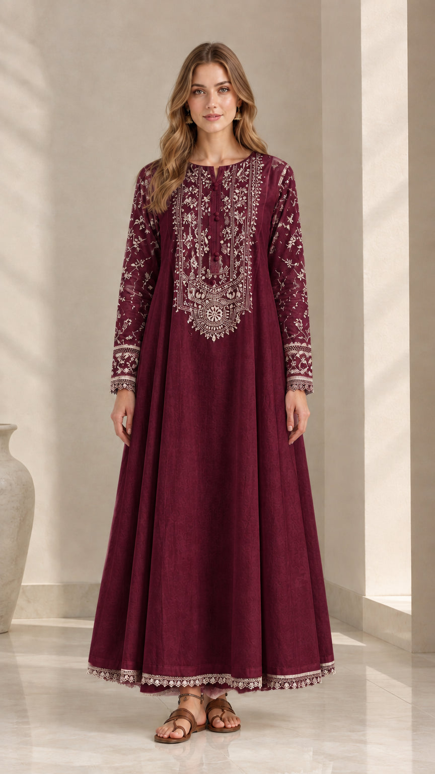 Burgundy wine embroidered long sleeve maxi dress front view