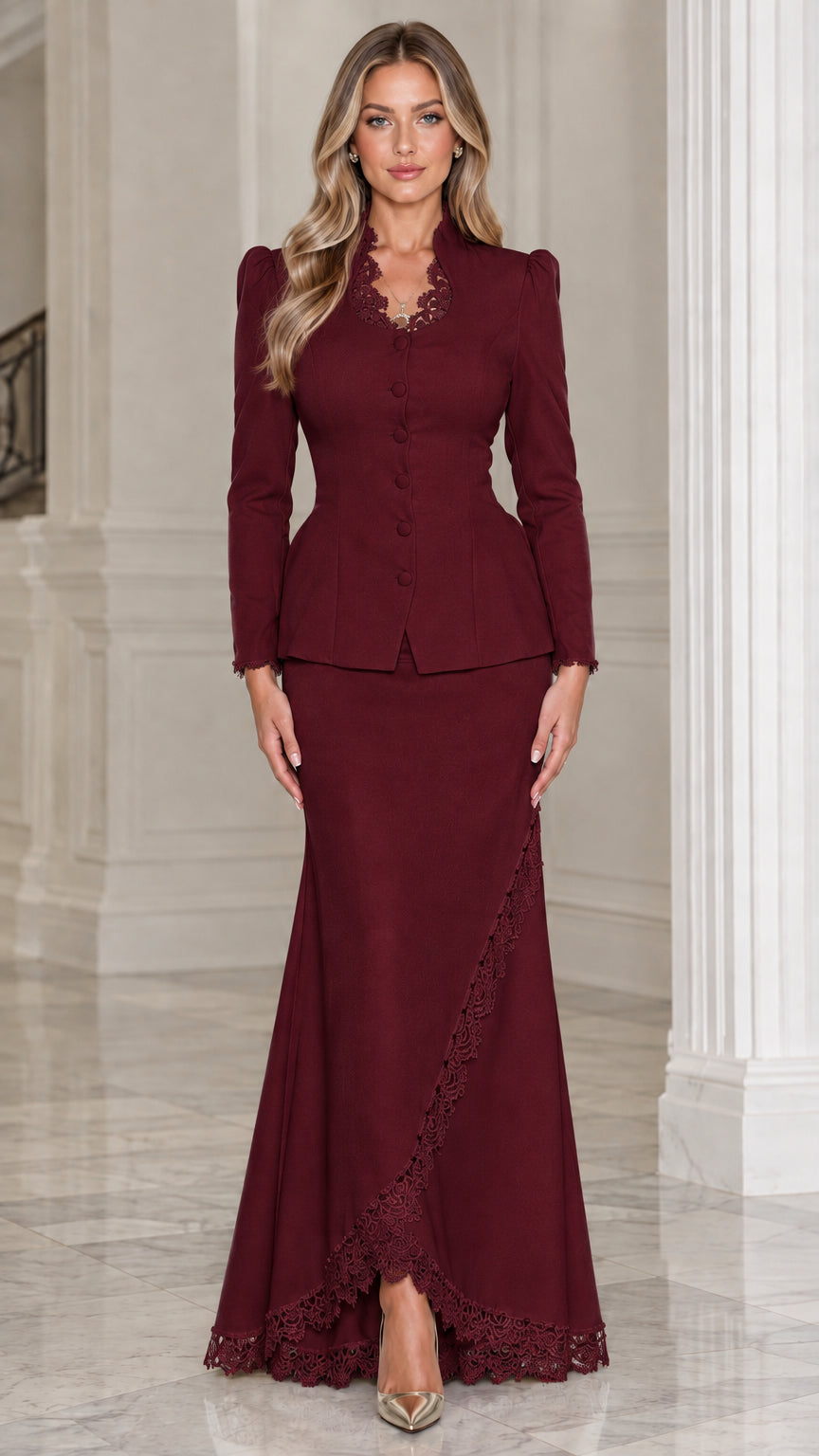 Front view of woman wearing burgundy two-piece peplum skirt suit with lace trim