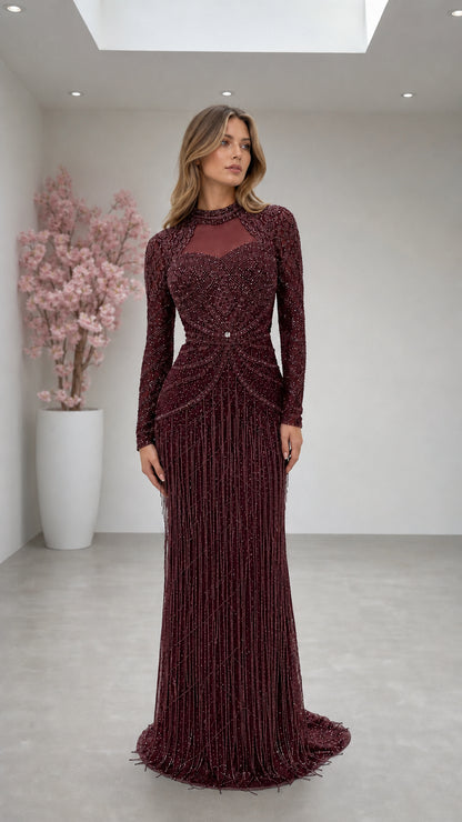 Burgundy wine embellished long sleeve formal maxi gown