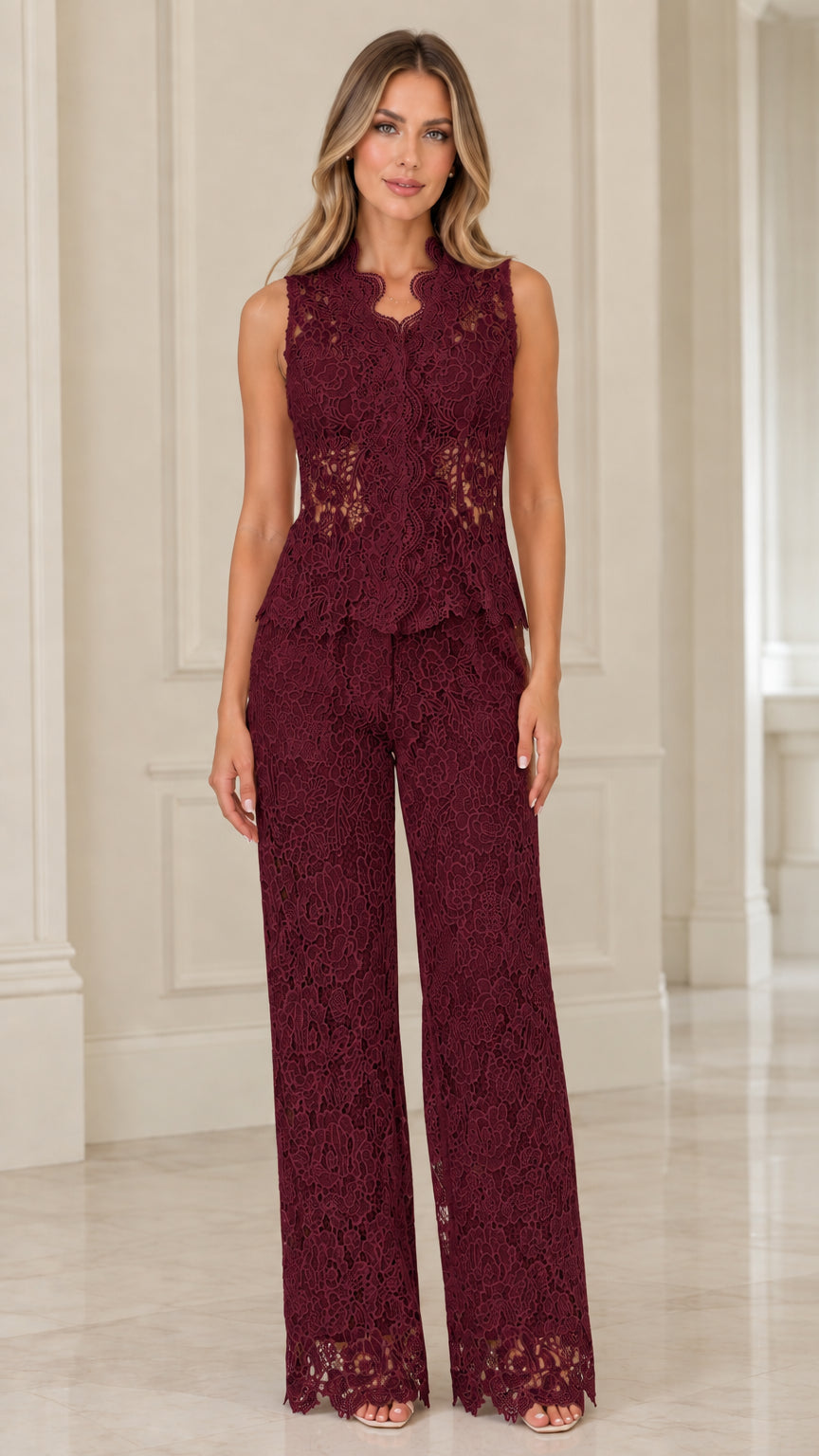 Burgundy wine floral lace two-piece pantsuit set