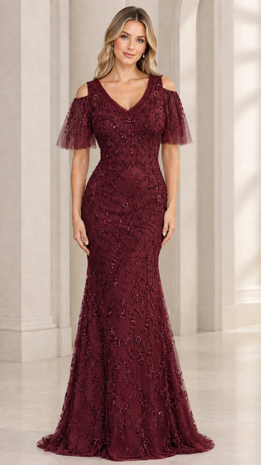 Burgundy wine beaded cold-shoulder floor-length gown
