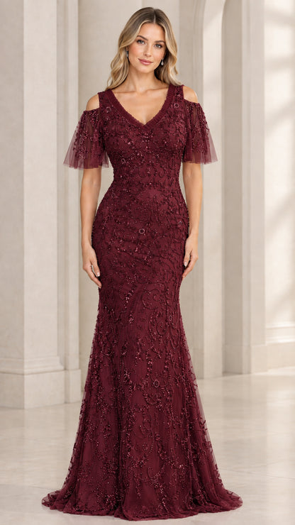 Burgundy wine beaded cold-shoulder floor-length gown