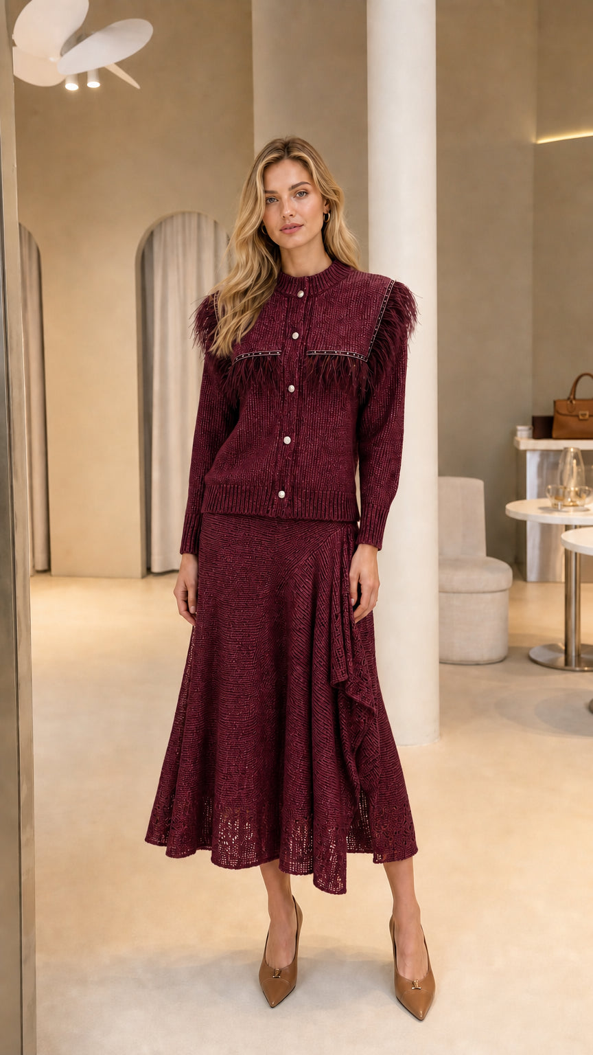 Full-length view of Burgundy feather trim knit cardigan and ruffled midi skirt set
