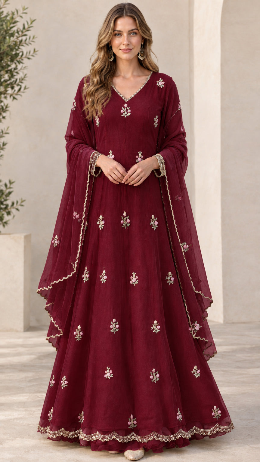 Front view of model wearing burgundy wine embroidered long sleeve dress