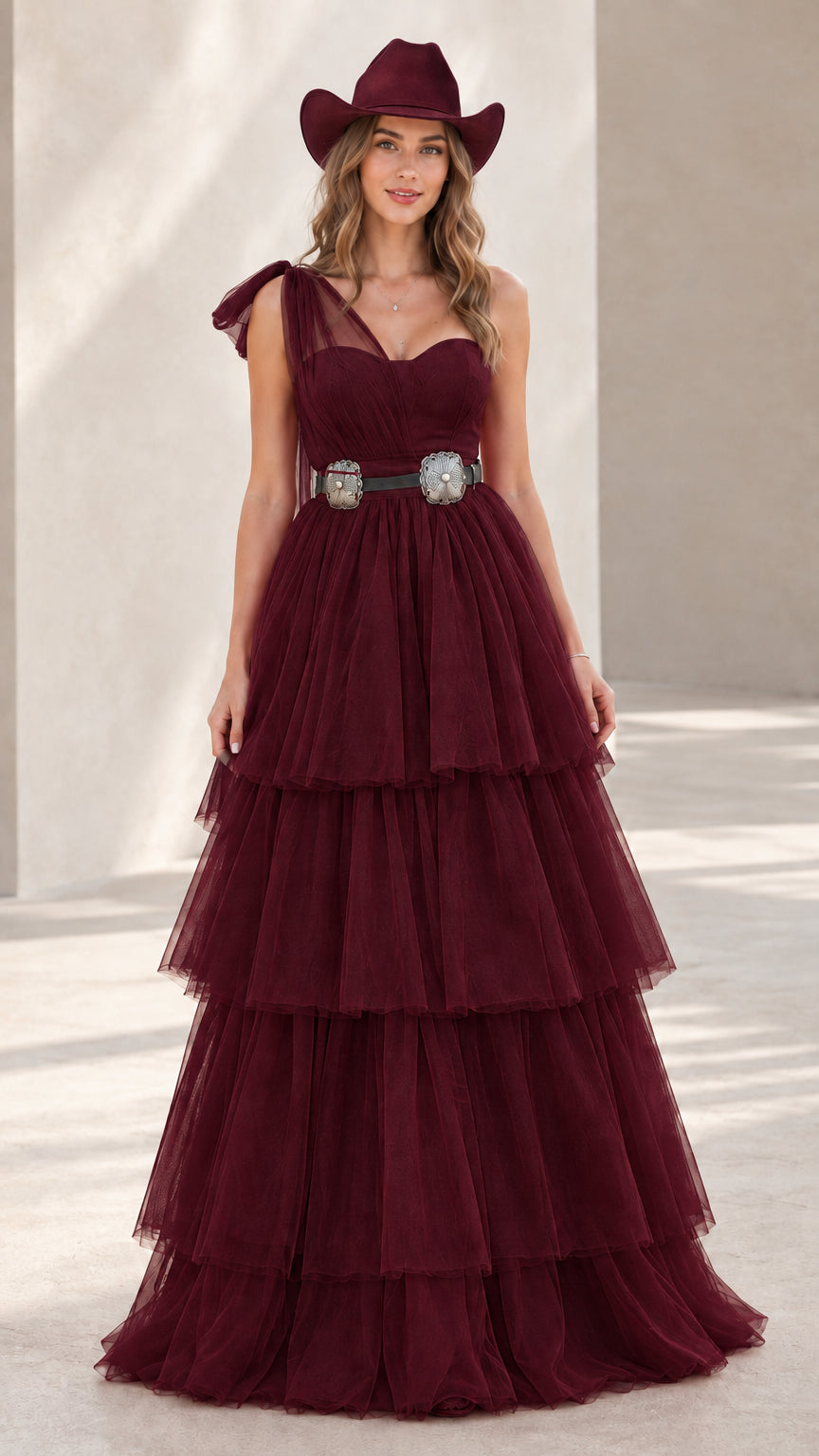 Model wearing burgundy wine tiered tulle ballgown