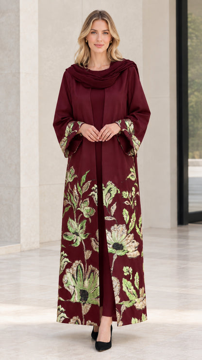 Model wearing Burgundy wine embroidered open abaya set with matching scarf