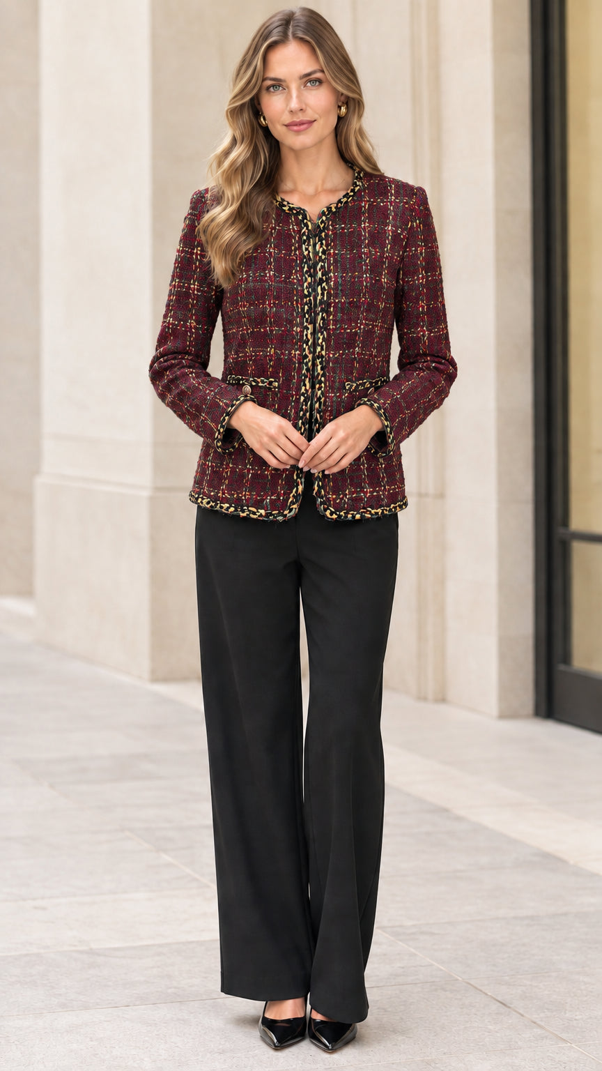 Full front view of a woman wearing a burgundy plaid tweed jacket