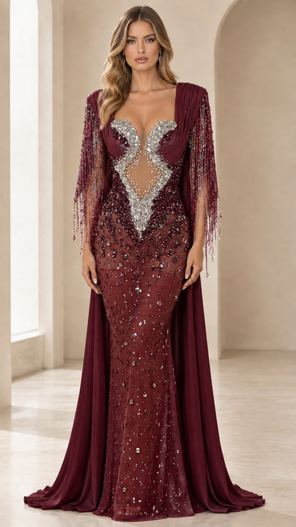 Front view of burgundy wine red beaded evening dress with chiffon cape train