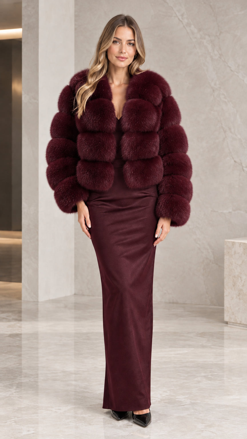 Front view of model wearing the burgundy wine red plush faux fur cropped jacket