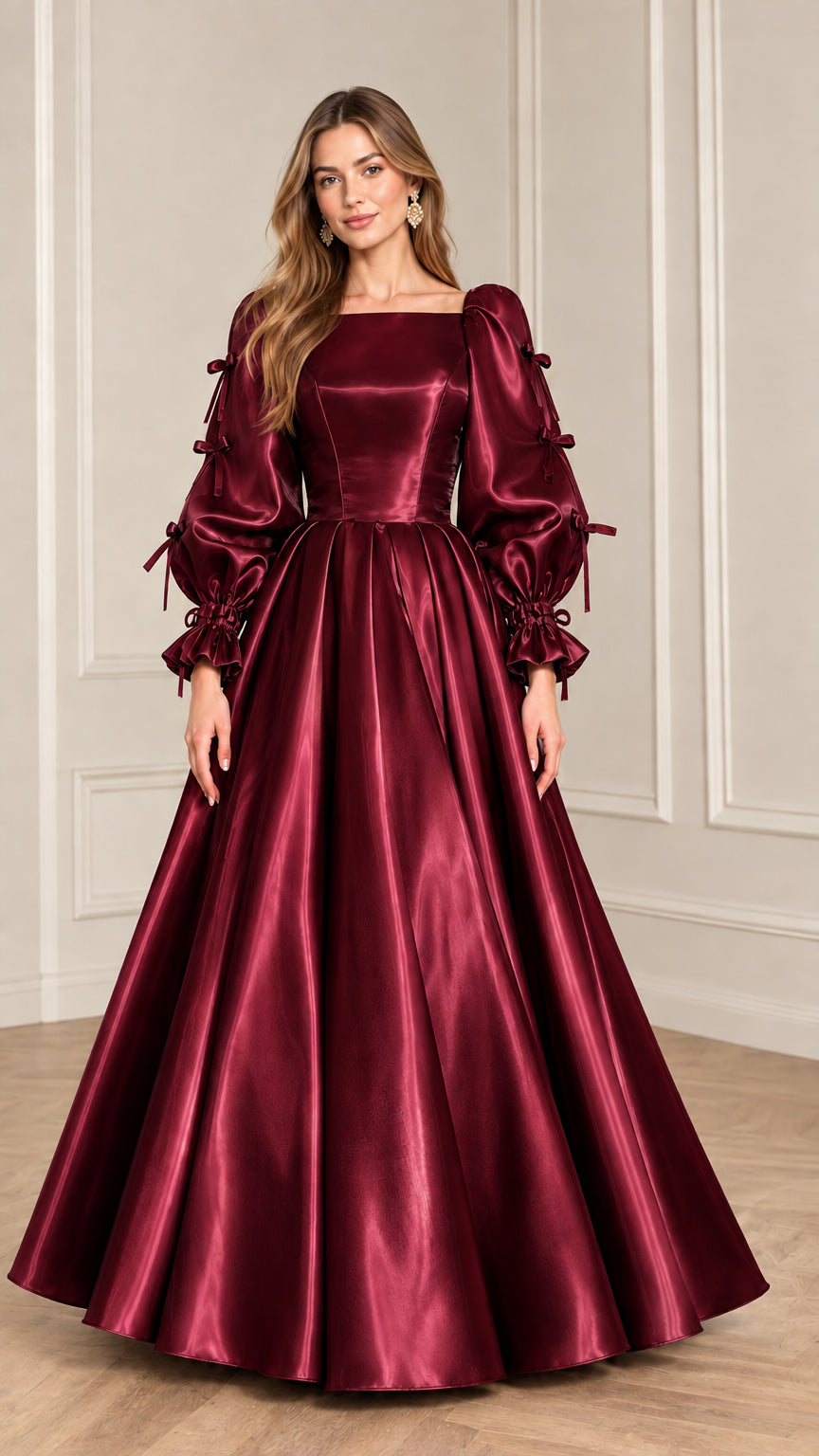Full-length front view of model wearing Burgundy wine red satin puff sleeve ball gown