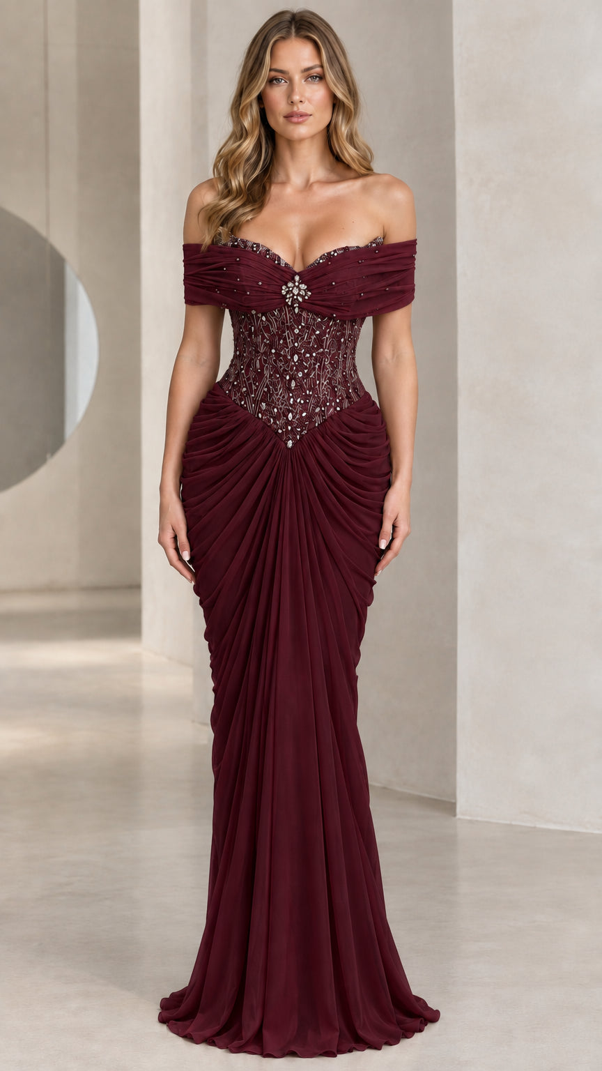 Burgundy wine off-the-shoulder beaded corset gown for formal occasions