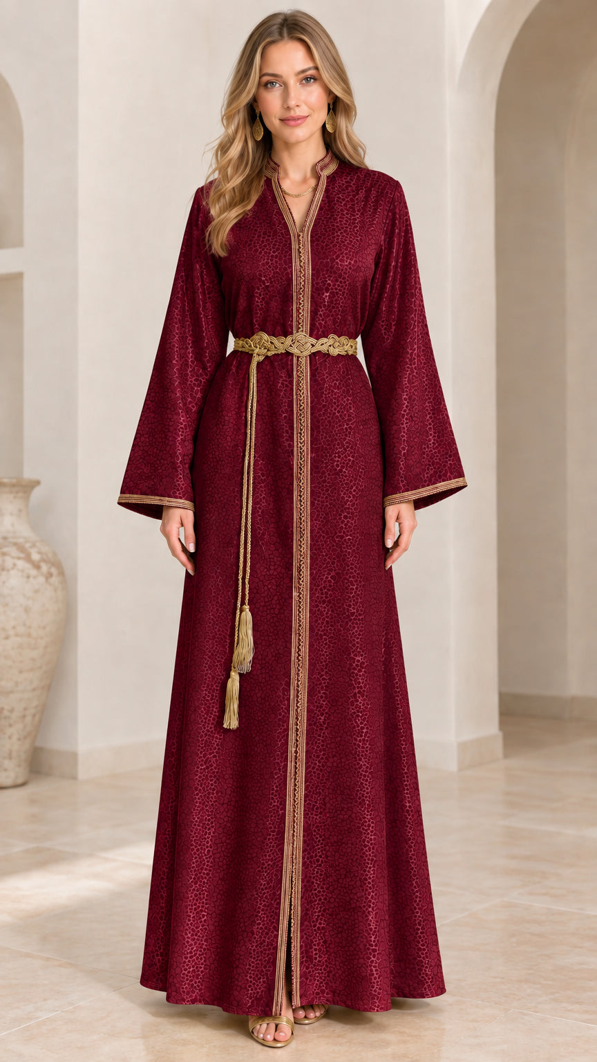 Front full view of woman wearing Burgundy wine-red Moroccan kaftan maxi dress