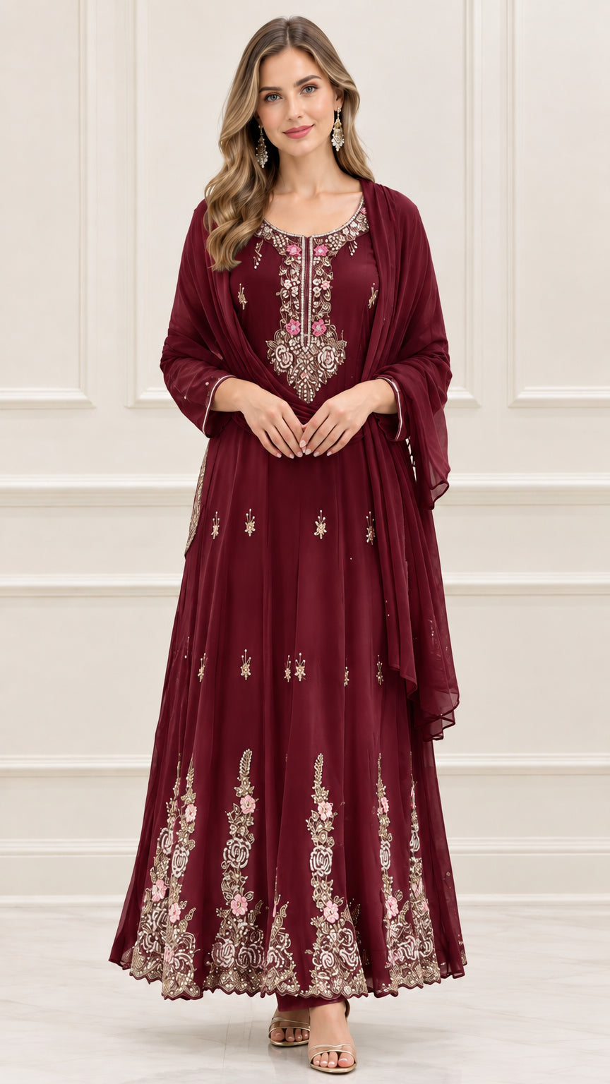 Front view of burgundy wine embroidered formal maxi dress with scarf