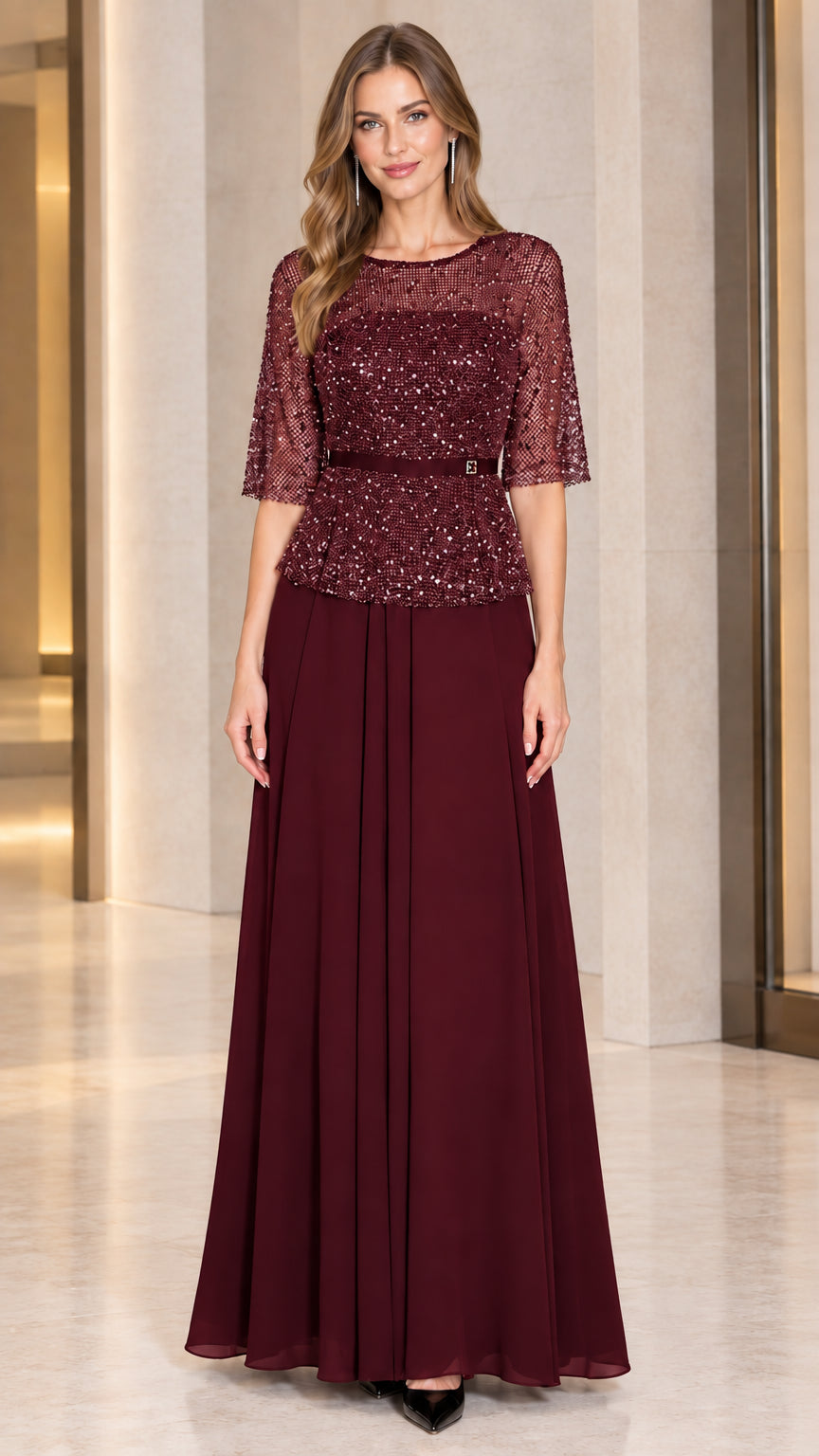 Burgundy wine red sequin mesh half sleeve maxi evening dress