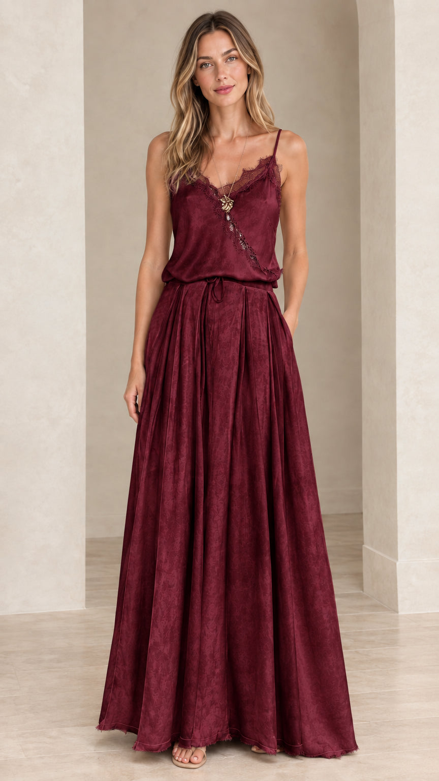 Model wearing burgundy wine red lace-trim cami maxi dress