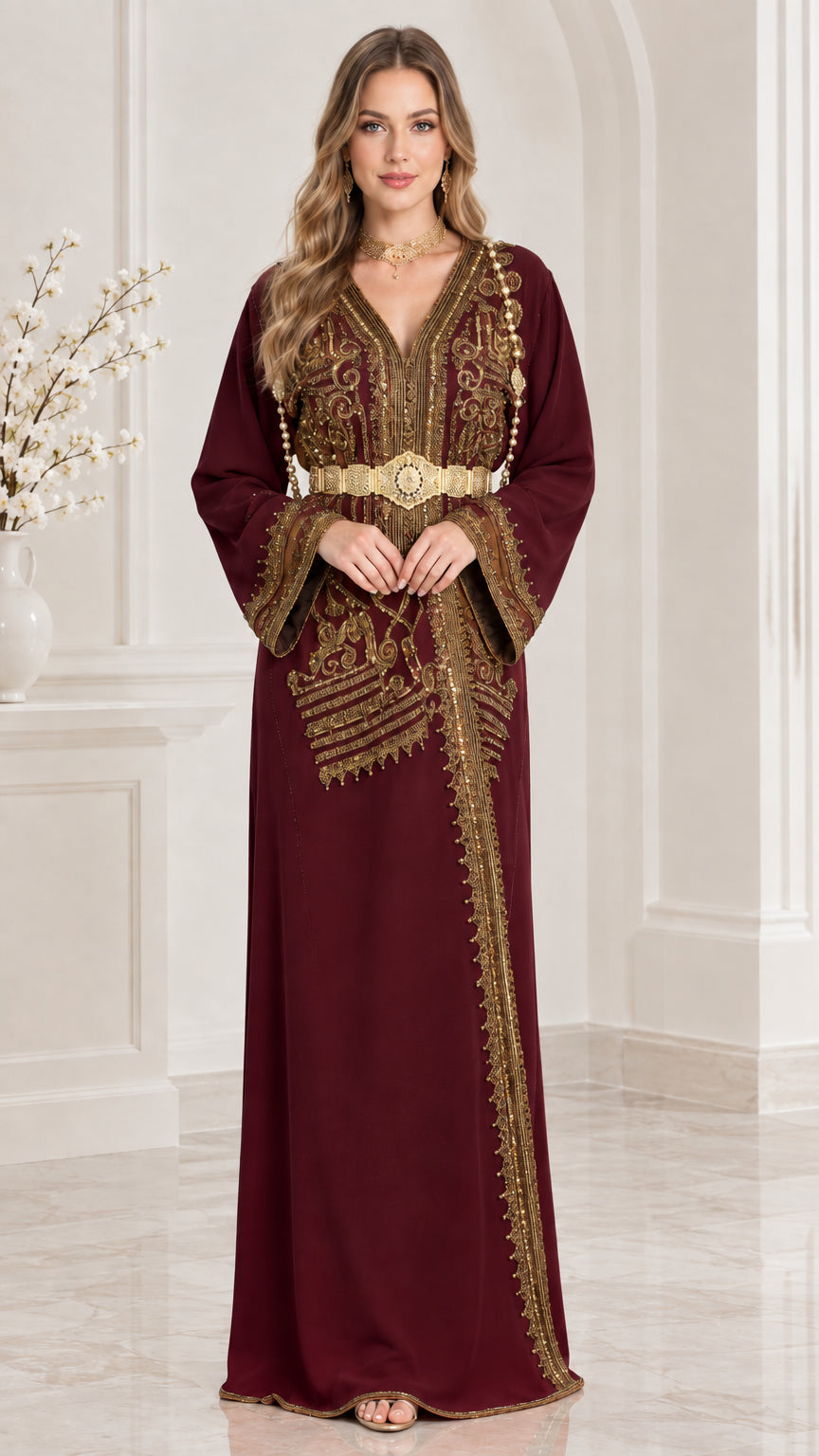 Burgundy embroidered Moroccan kaftan maxi dress with ornate gold belt