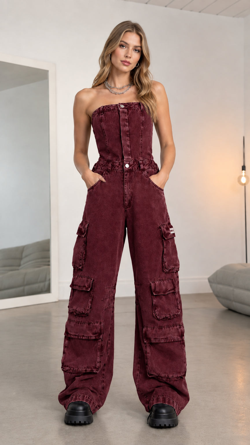 Front full-length view of model wearing burgundy strapless cargo denim jumpsuit