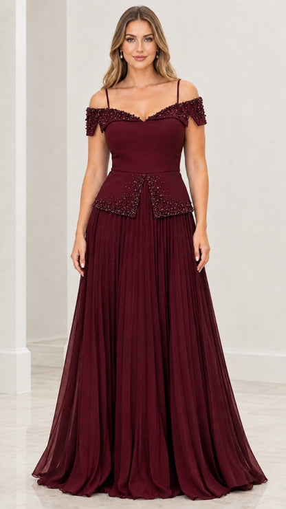 Burgundy cold-shoulder beaded pleated evening gown