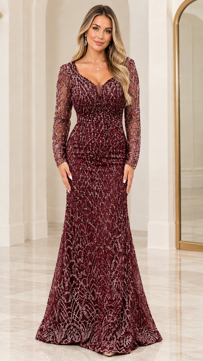 Front view of burgundy wine red beaded long sleeve formal maxi gown