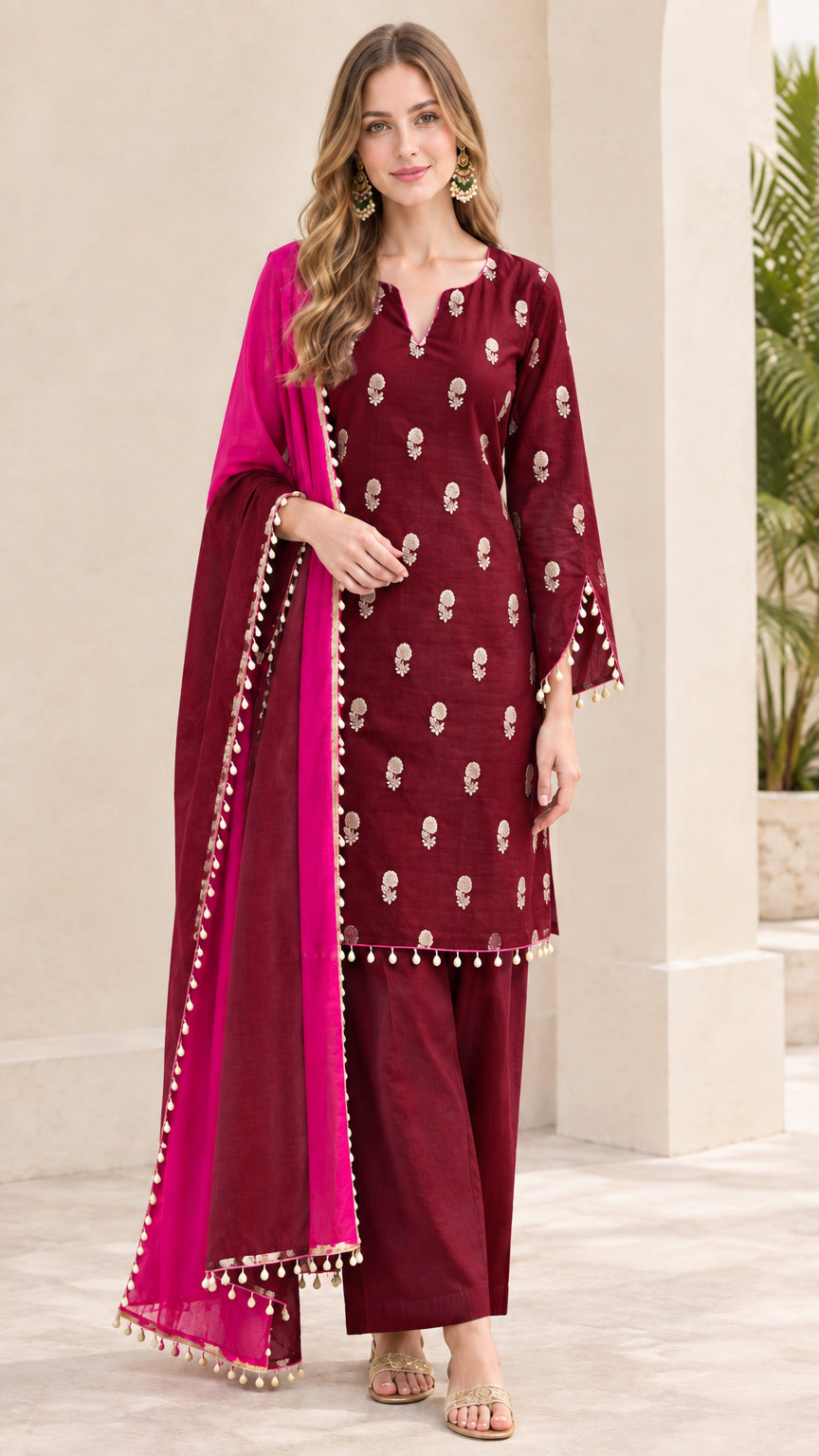 Maroon wine embroidered kurta set with contrast magenta beaded dupatta