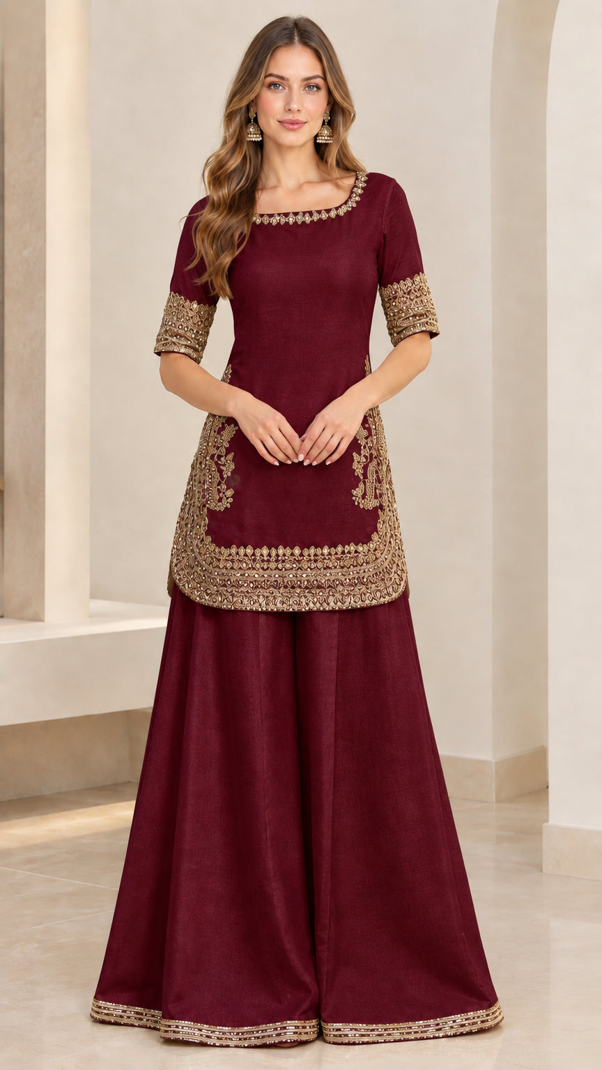 Front view of burgundy maroon embroidered kurti and sharara pant set