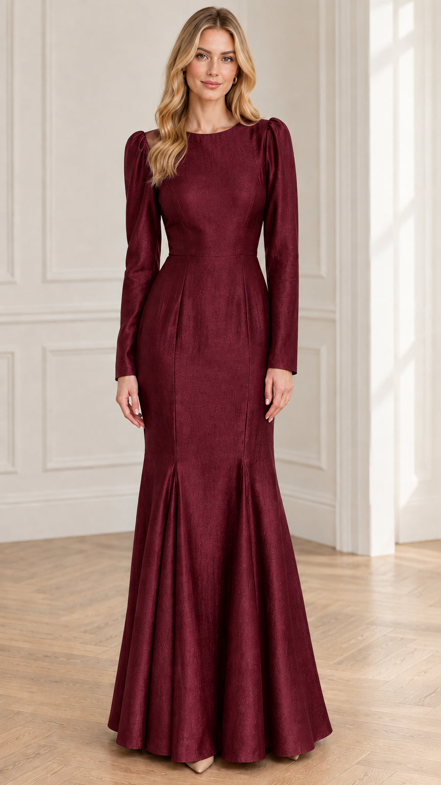 Burgundy long sleeve jacquard mermaid formal evening dress