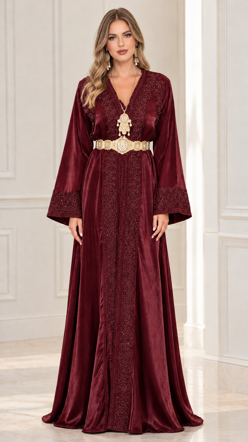 Front view of burgundy red embroidered satin kaftan maxi dress
