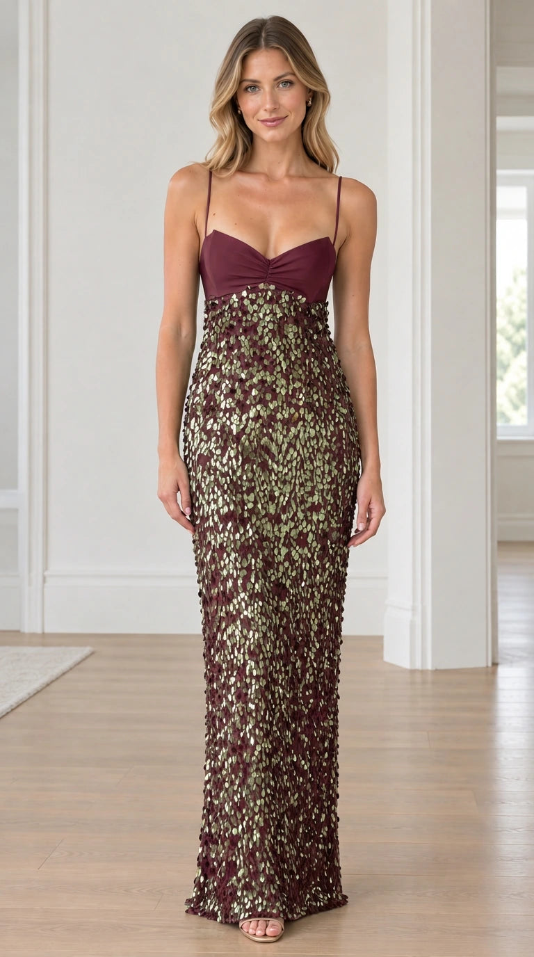 Full front view of the sweetheart sequin maxi evening gown in burgundy