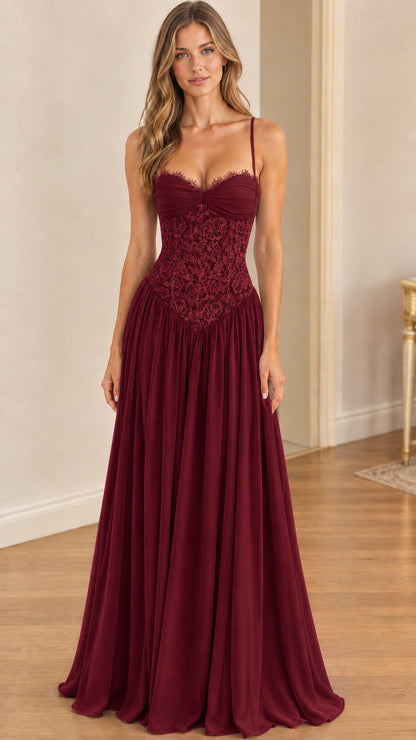 Model wearing rich burgundy lace corset sweetheart maxi dress