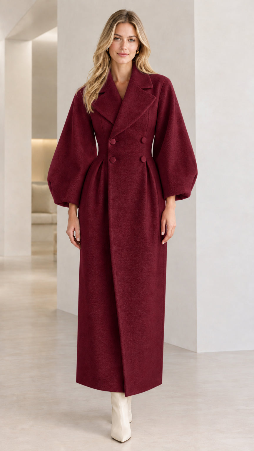 Full front view of Burgundy wine red balloon sleeve maxi coat