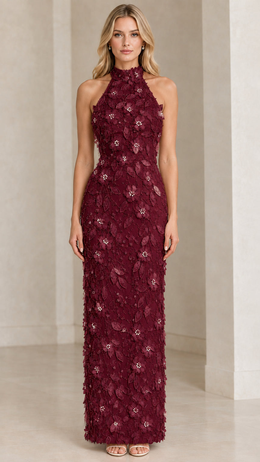 Burgundy wine red halter formal maxi dress with 3D floral appliques