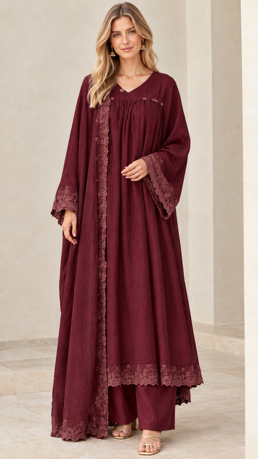 Model wearing rich burgundy wine 3-piece abaya set with embroidered trim