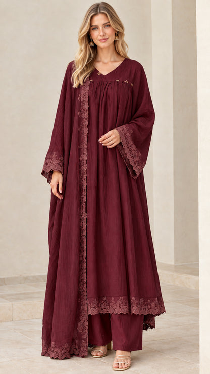 Model wearing rich burgundy wine 3-piece abaya set with embroidered trim