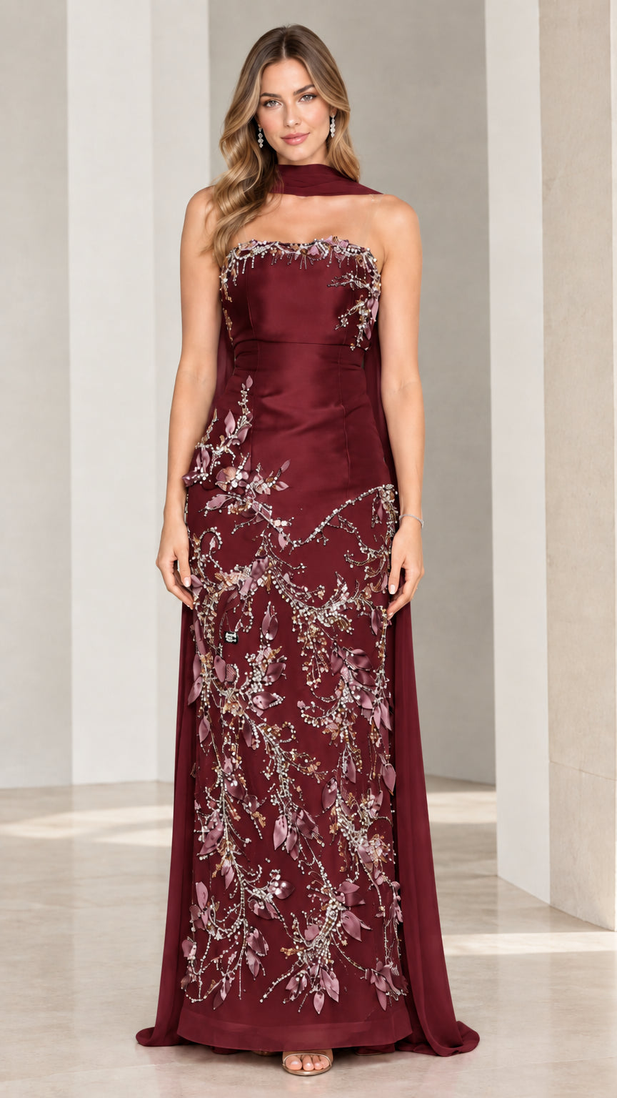Burgundy red strapless beaded evening gown with chiffon scarf wrap