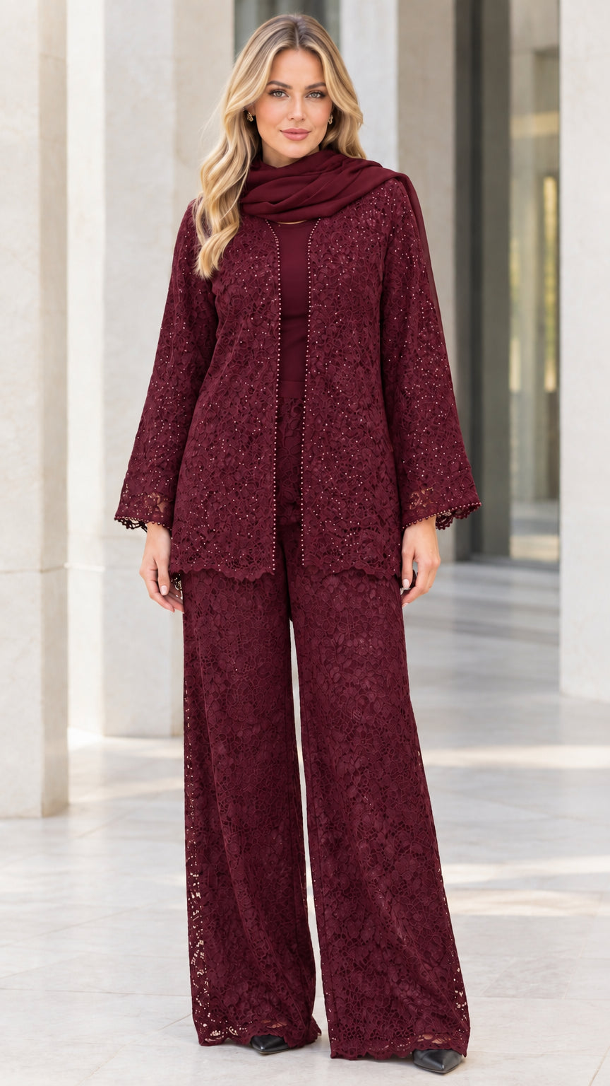 Full-body view of burgundy wine red sequined lace pant suit set with scarf