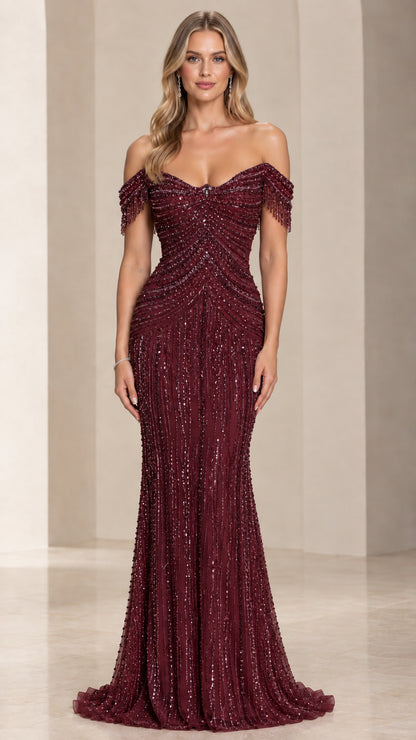 Burgundy wine off-the-shoulder beaded evening gown with fringe details