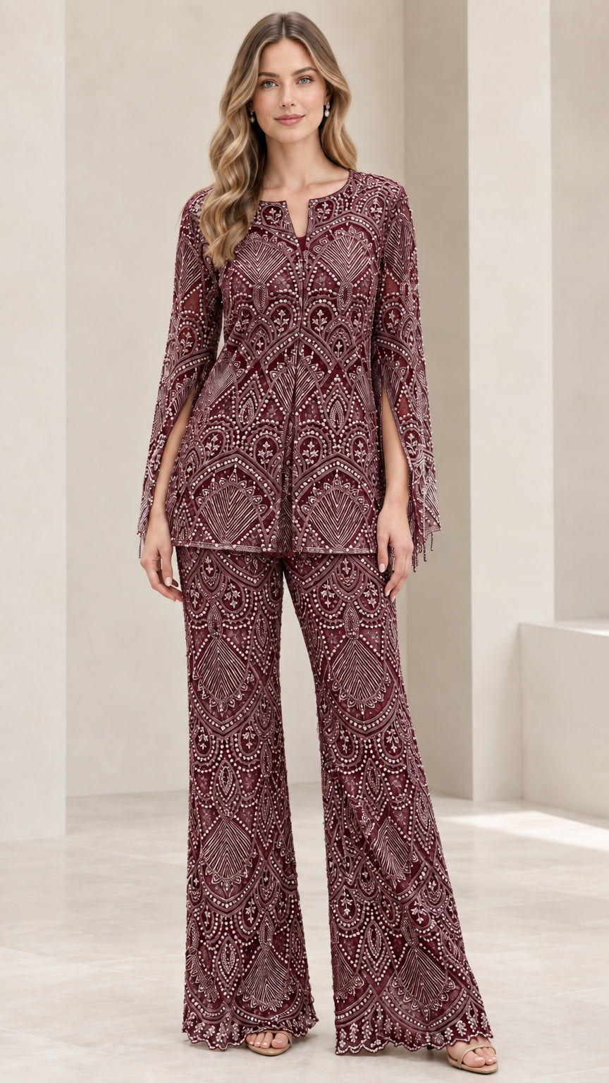 Burgundy wine lace tunic and flared pants evening set