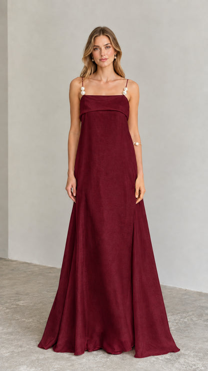 Burgundy wine red pearl strap maxi gown front view