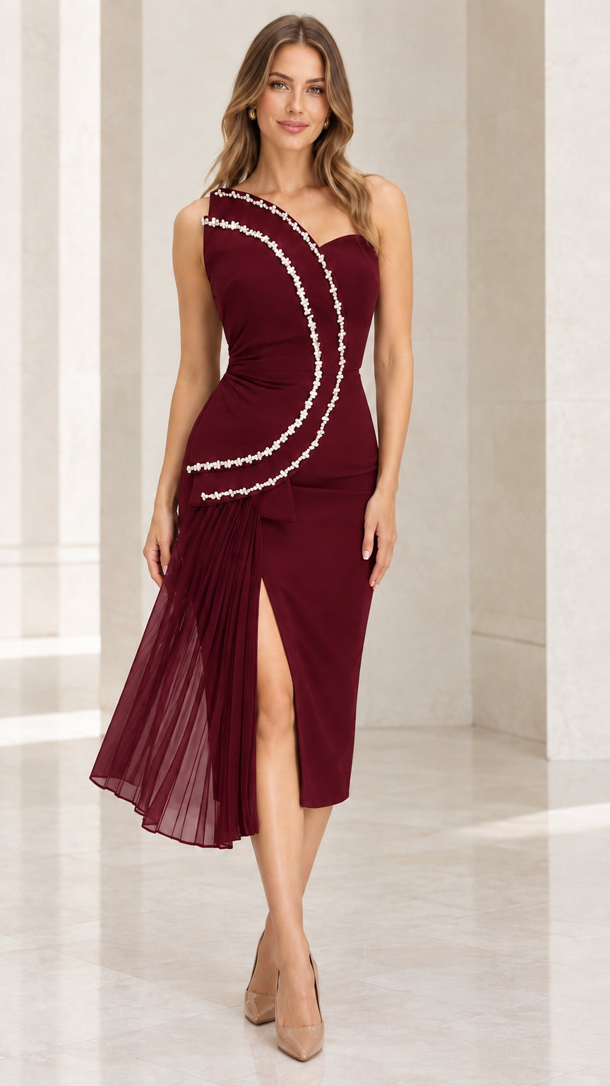 Burgundy wine one-shoulder beaded accent evening midi dress