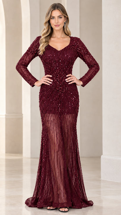 Burgundy long sleeve sequin illusion floor-length dress