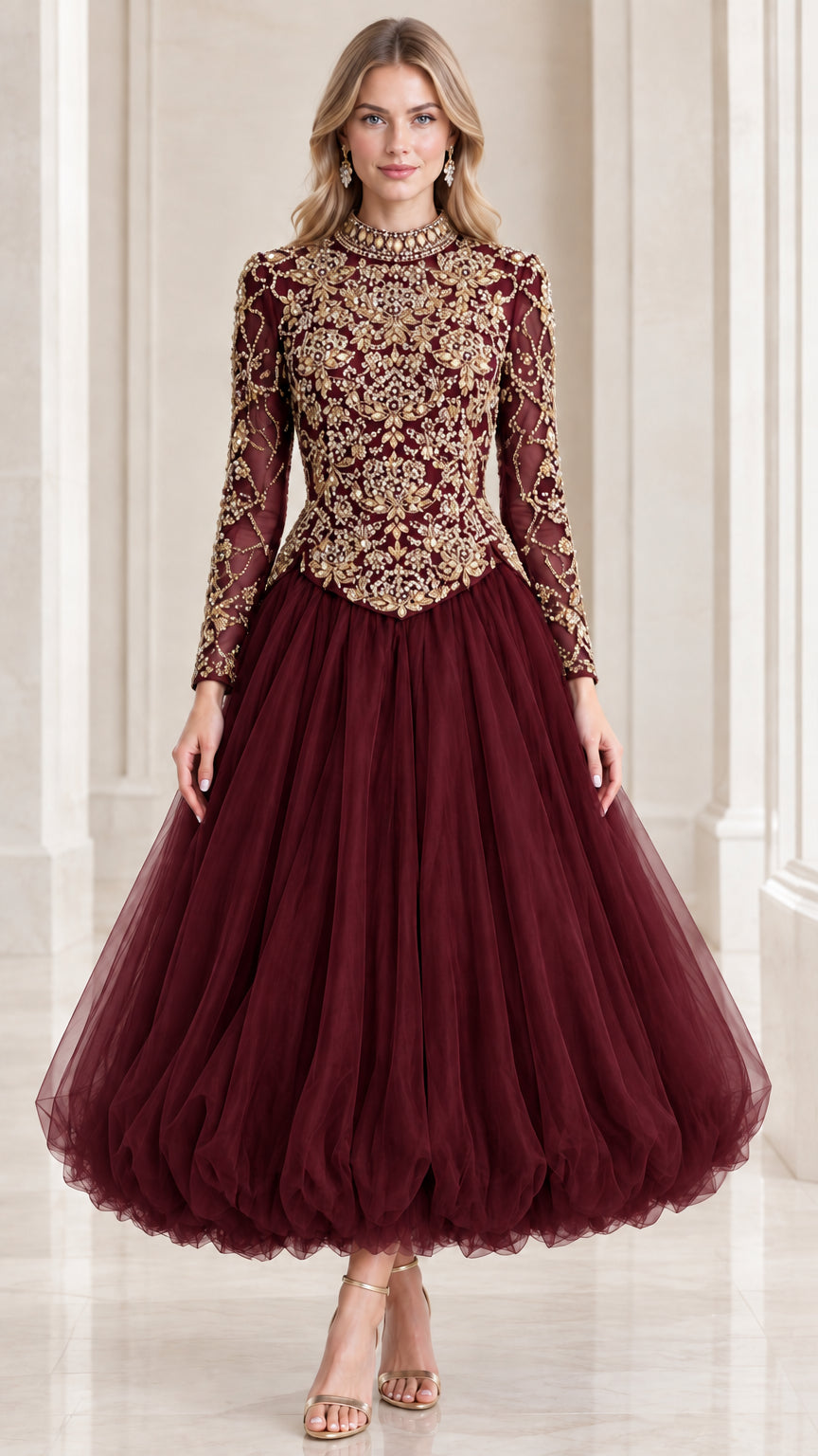 Burgundy wine red embellished long sleeve tulle formal evening gown