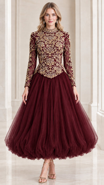 Burgundy wine red embellished long sleeve tulle formal evening gown