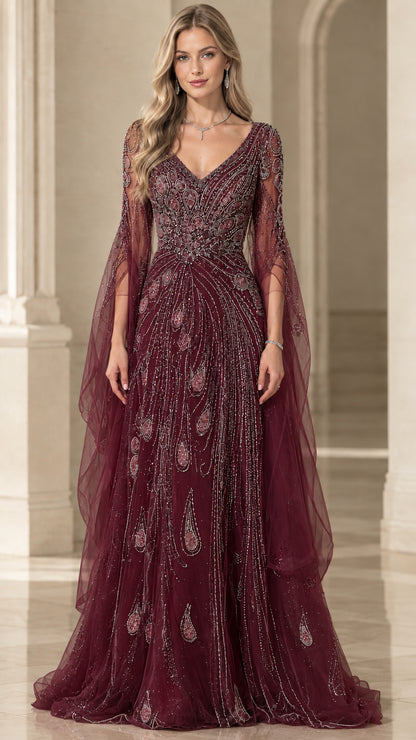 Full-length front view of burgundy wine-red embellished evening dress with split sleeves