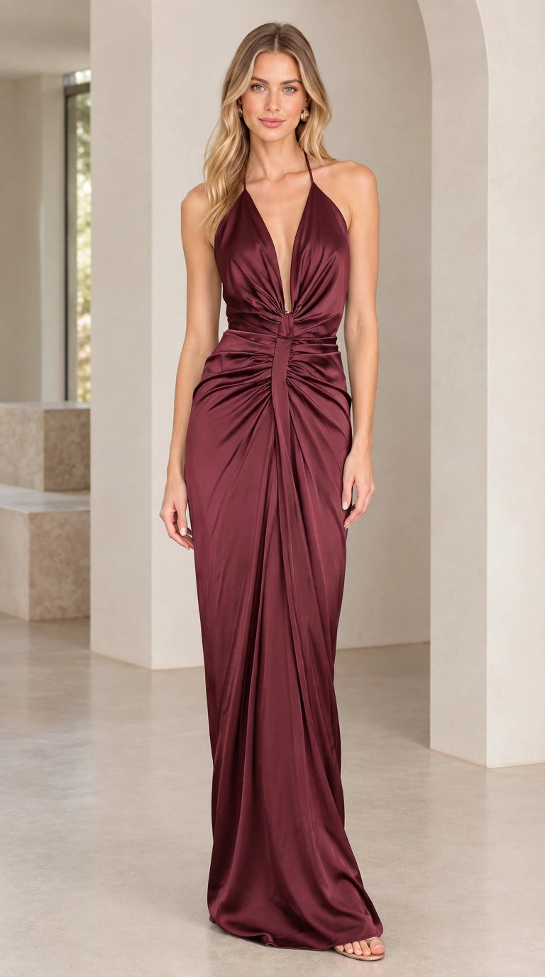 Front view of burgundy wine satin halter backless gown